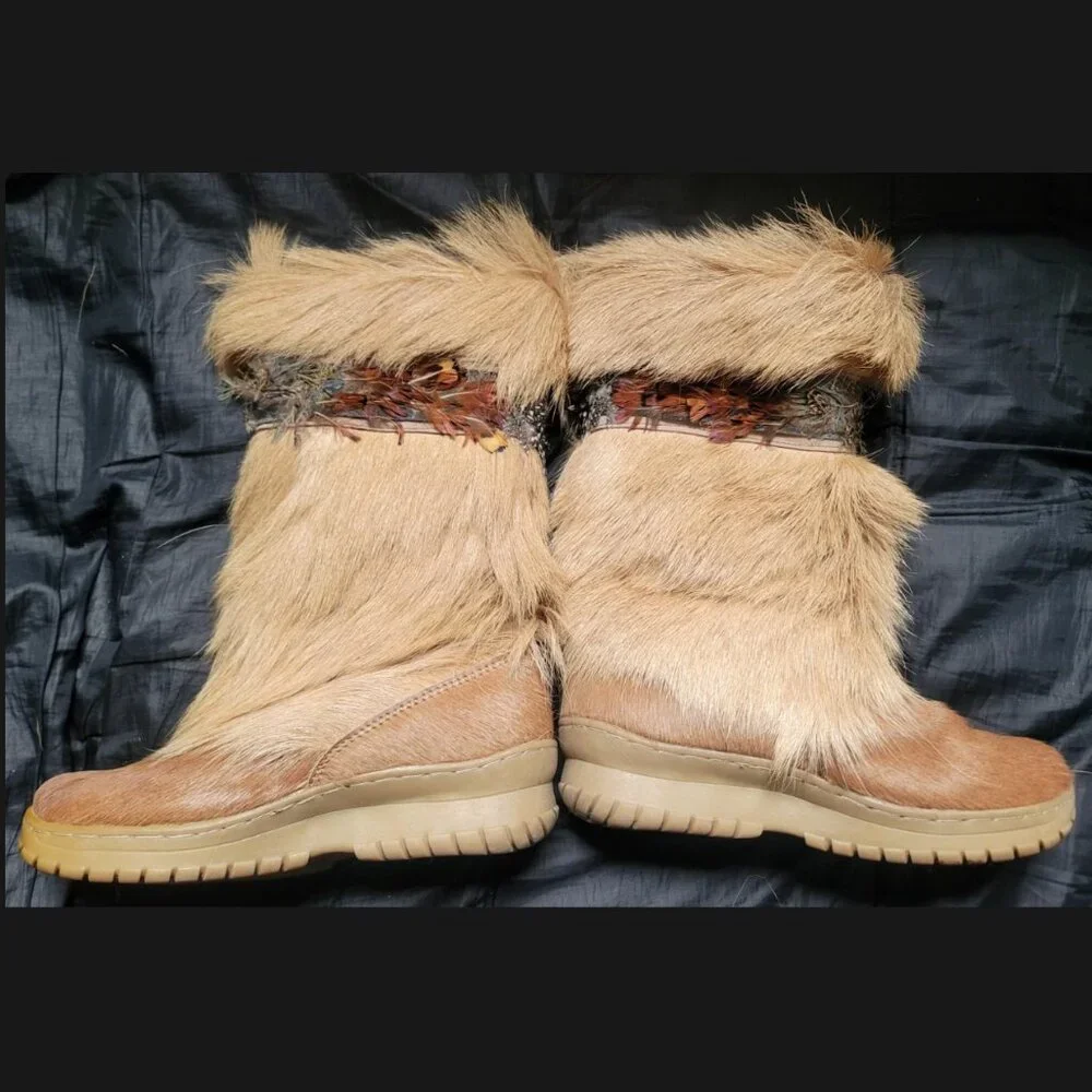 BearPaw KOLA Apres Ski Boots Sz 7 Real Fur Sheepskin Calf Goat Skin Wool Tan - Picture 7 of 16